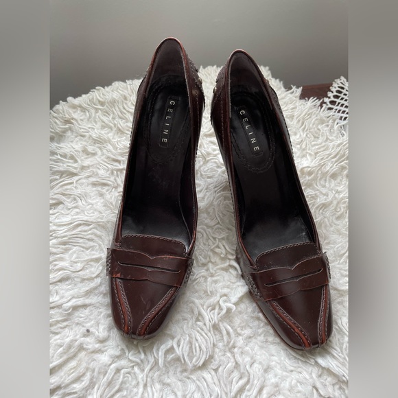 Celine Shoes - Celine leather work pumps Size 37.5 - Brown/Burgundy colour